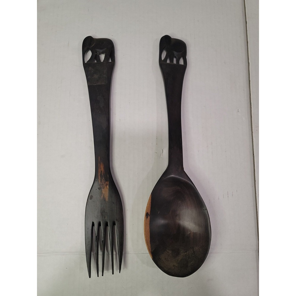 vintage hand carved wooden fork & spoon rosewood elephant top African folk art